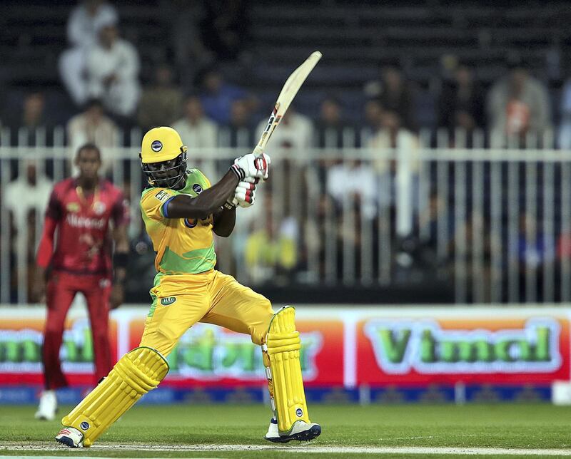 Sharjah, November, 24, 2018: Andre Fletcher of Pakthoons plays a shot agianst Sindhis in the T10 match at the Sharjah Cricket Stadium in Sharjah.  / Story by Paul Radley/ The National