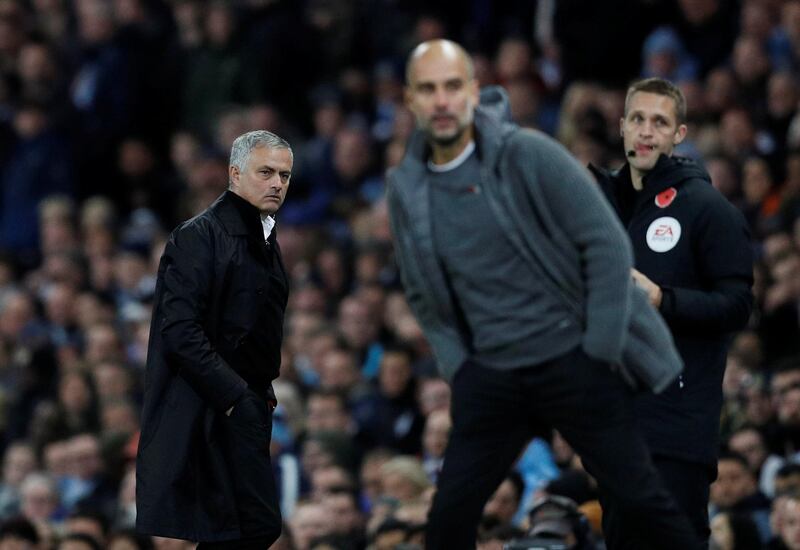 Soccer Football - Premier League - Manchester City v Manchester United - Etihad Stadium, Manchester, Britain - November 11, 2018  Manchester United manager Jose Mourinho looks on during the match  REUTERS/Darren Staples  EDITORIAL USE ONLY. No use with unauthorized audio, video, data, fixture lists, club/league logos or "live" services. Online in-match use limited to 75 images, no video emulation. No use in betting, games or single club/league/player publications.  Please contact your account representative for further details.