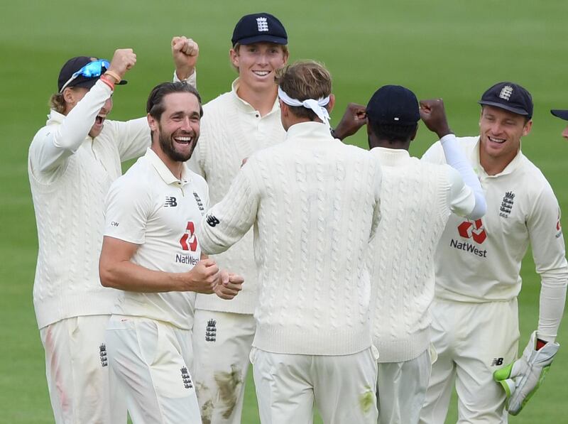 England's Chris Woakes celebrates taking the wicket of Pakistan's Mohammad Rizwan. Reuters