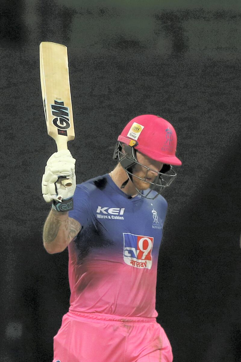 Ben Stokes of Rajasthan Royals raises his bat after scoring a hundred during match 45 of season 13 of the Dream 11 Indian Premier League (IPL) between the Rajasthan Royals and the Mumbai Indians at the Sheikh Zayed Stadium, Abu Dhabi  in the United Arab Emirates on the 25th October 2020.  Photo by: Pankaj Nangia  / Sportzpics for BCCI