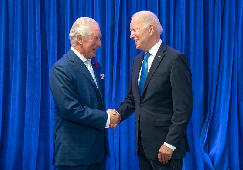King Charles, who was Prince of Wales at the time, and President Joe Biden before a bilateral meeting during the Cop26 summit in Glasgow in 2021. AP 
