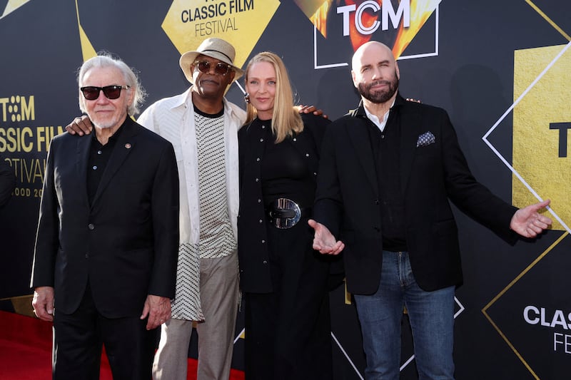 Cast members, from left, Harvey Keitel, Samuel L. Jackson, Uma Thurman and John Travolta attend a screening for the 30th anniversary of the film Pulp Fiction in Los Angeles, California. Reuters