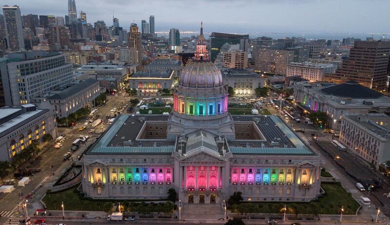 An aerial photo shows San Francisco City Hall lit up in rainbow colors following the Pride parade in San Francisco, California on Sunday, June 24, 2018. (Photo by JOSH EDELSON / AFP)