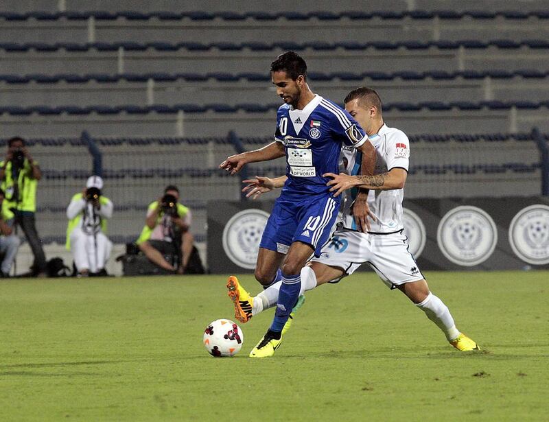 Habib Fardan, left, pictured during an Arabian Gulf League match against Baniyas in Dubai on October 26, 2013, scored twice for Al Nasr as his side finished their 2013/14 league season with a 3-0 defeat of Dubai. Jeffrey E Biteng / The National