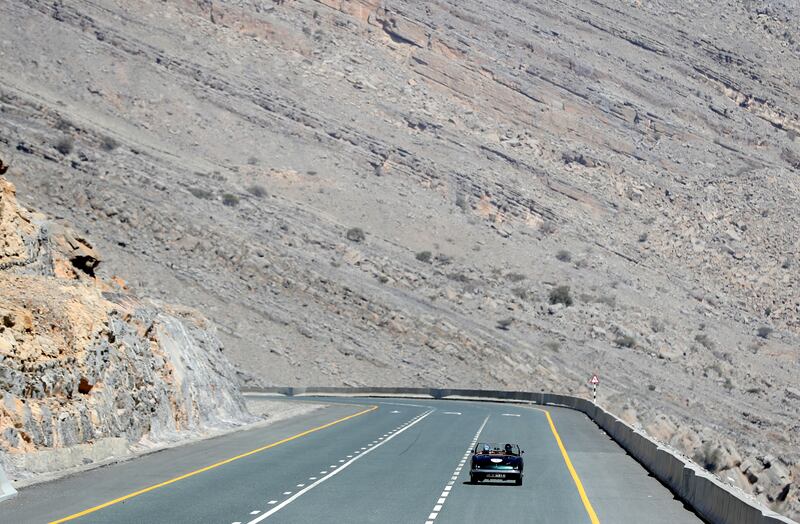 Cars climb Jebel Jais in Ras Al Khaimah on the first leg of day 2. 1000 Miglia Experience UAE Prologue. Chris Whiteoak / The National