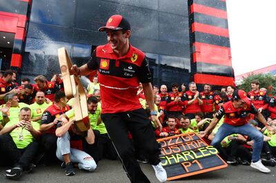 Charles Leclerc celebrates with his team after winning the Austrian Grand Prix at Red Bull Ring in Spielberg. Getty