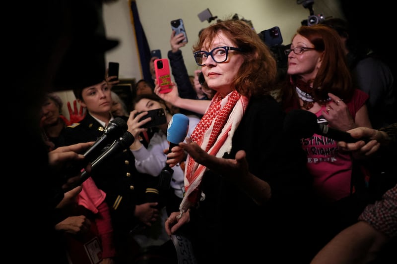 Actress and activist Susan Sarandon speaks against US funding to Israel, and in support of Gaza and a ceasefire, as she visits the office of House minority leader Hakeem Jeffries, during an advocacy day organised by CODEPINK, in Washington. Reuters