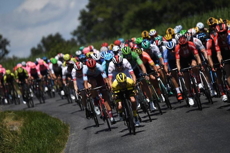 France's Julian Alaphilippe, wearing the overall leader's yellow jersey, during the 10th stage between Saint-Flour and Albi, on July 15, 2019.  AFP
