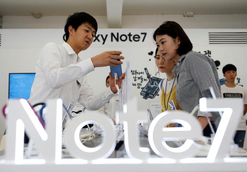 Samsung last week launched a global recall of its flagship Galaxy Note 7 smartphone after faulty batteries led to around 35 handsets catching fire or exploding while charging. Kim Hong-ji / Reuters