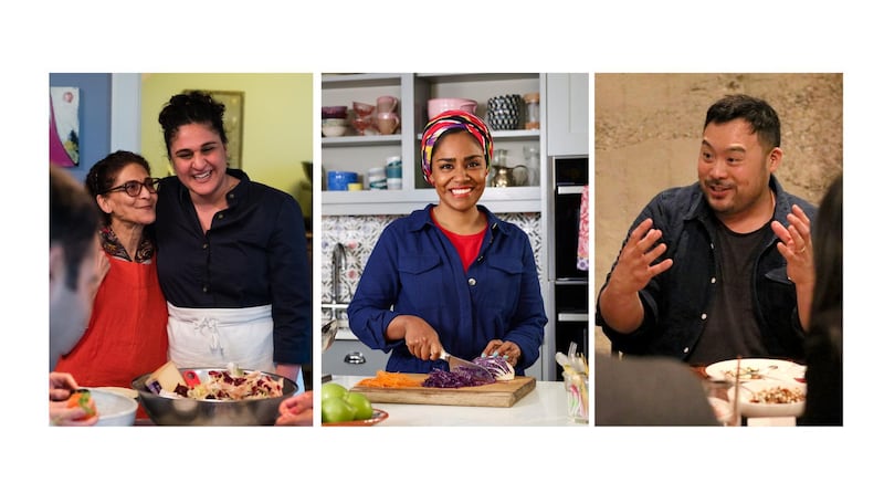 From left to right: 'Salt Fat Acid Heat'; 'Nadiya’s Time to Eat'; 'Ugly Delicious'. Courtesy Netflix 