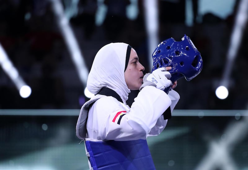 Hedaya Malak (EGY) wears his helmet during the World Taekwondo Grand Prix women -67kg semifinal at Foro Italico of Rome, Italy on June 7, 2019
 (Photo by Matteo Ciambelli/NurPhoto via Getty Images)