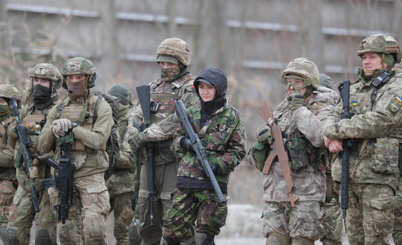 Ukrainian reservists attend a military exercise at a training ground near Kiev. EPA