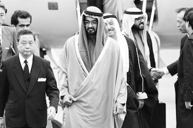 Sheikh Mohamed bin Zayed, Crown Prince and Deputy Supreme Commander of the Armed Forces, is seen on arrival ahead of the funeral of late Emperor Hirohito at Haneda Airport on February 21, 1989 in Tokyo, Japan. Getty Images