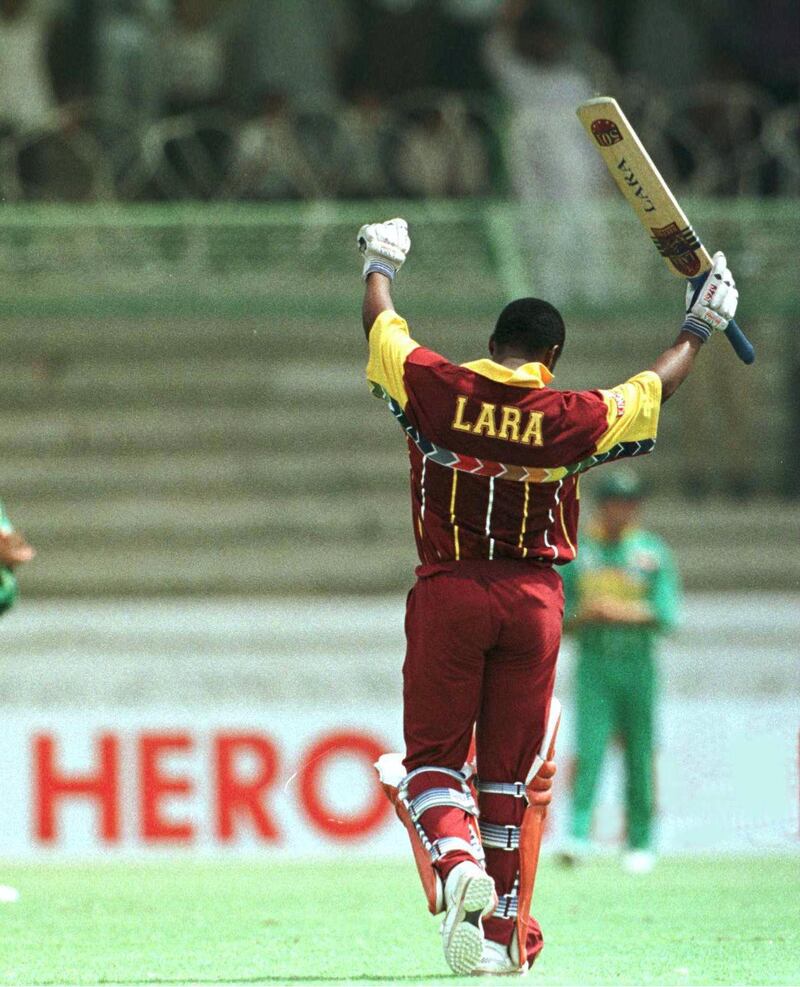 11 Mar 1996:  "Hero" Brian Lara of the West Indies celebrates his century against South Africa during the West Indies v South Africa World Cup quarter-final at the National Stadium in Karachi, Pakistan. Mandatory Credit: Mike Hewitt/ALLSPORT