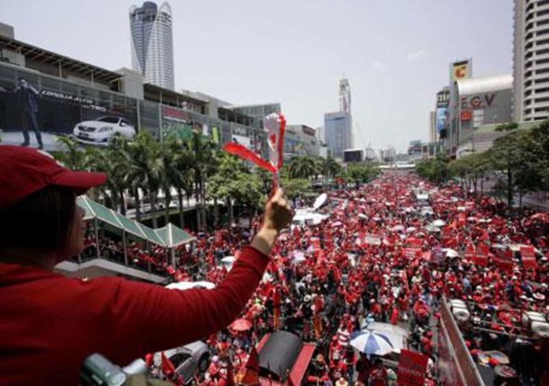 Supporters of former Thai prime minister Thaksin Shinawatra rally in central Bangkok April 3, 2010.
