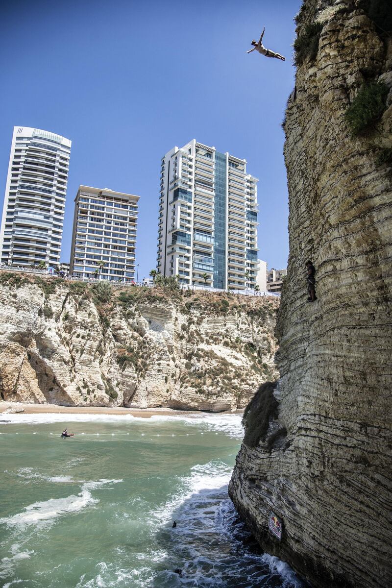 Andy Jones of the USA dives from the 25m cliff in Raouche during the first competition day of the fifth stop of the Red Bull Cliff Diving World Series. Getty Images