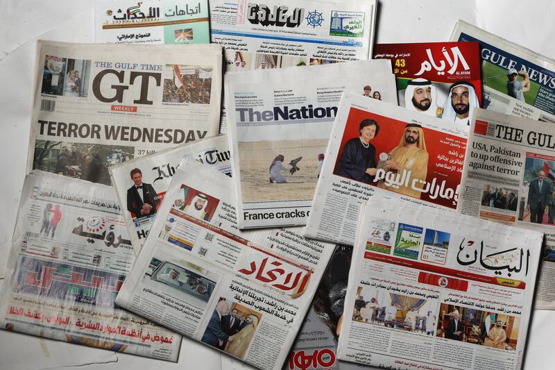 ABU DHABI, UNITED ARAB EMIRATES - - -  January 15, 2015  ---  Product shot of newspapers and magazines for story on media.   ( DELORES JOHNSON / The National )      *******  Reporter none ***** *** Local Caption ***  DJ-1501-NA-Product newspapers002.jpg