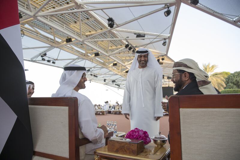 Sheikh Mohammed bin Zayed, Crown Prince of Abu Dhabi and Deputy Supreme Commander of the UAE Armed Forces receives Sultan Al Arradah, a Tribal Leader in Yemen’s central province of Marib during a Sea Palace barza. Seen with Brigadier Musallam Al Rashidi, Commander of Force to Liberate Marib. Mohamed Al Hammadi / Crown Prince Court — Abu Dhabi