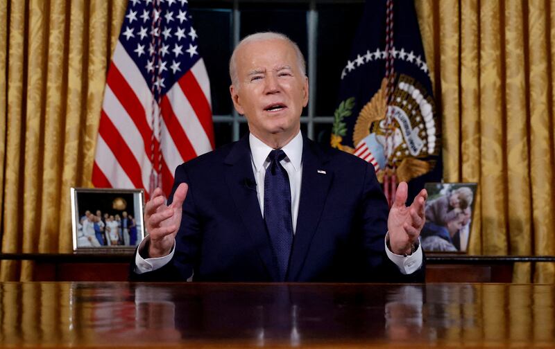 US President Joe Biden delivers a prime-time address to the nation from Washington last week about his approaches to the Israel-Gaza war. Reuters