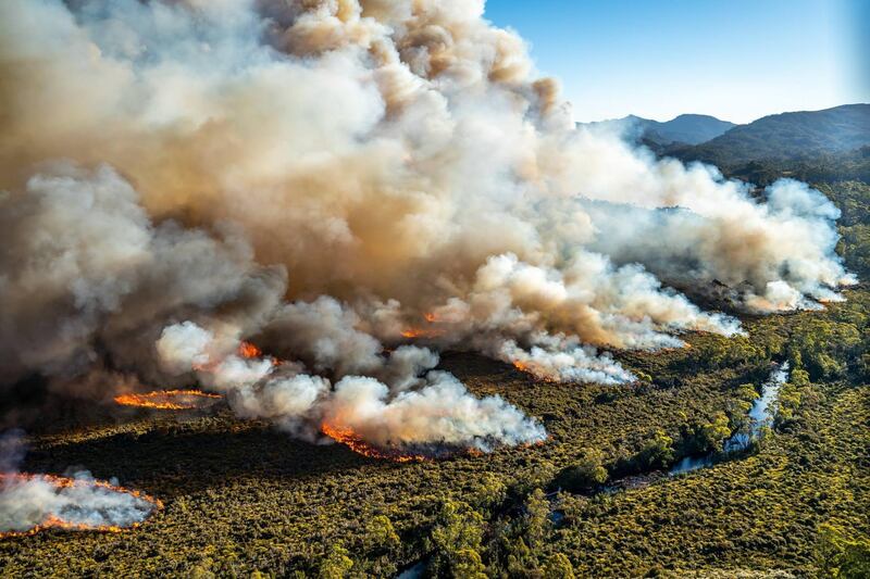 An aerial view of a large bushfire burning in Tasmania. EPA