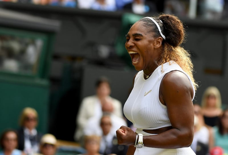 epa07710361 Serena Williams of the USA celebrates winning against Barbora Strycova of the Czech Republic during their semi final match for the Wimbledon Championships at the All England Lawn Tennis Club, in London, Britain, 11 July 2019. EPA/ANDY RAIN EDITORIAL USE ONLY/NO COMMERCIAL SALES