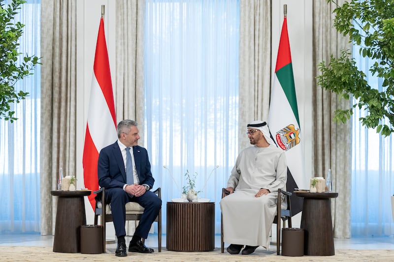 President Sheikh Mohamed meets Karl Nehammer, the chancellor of Austria, at Al Shati Palace. All photos: UAE Presidential Court