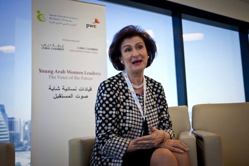 Dubai, United Arab Emirates - December 10 2012 - Haifa Kaylani, Founder & Chairman of the Arab International Women's Forum speaks to The National on the employability of women in the Arab world. AIWF hosted a conference on 'Young Arab Women Leaders" at the Dubai Chamber of Commerce. (Razan Alzayani / The National) 