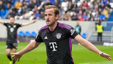 Bayern's Harry Kane celebrates after he scored his side's second goal against Darmstadt. AP