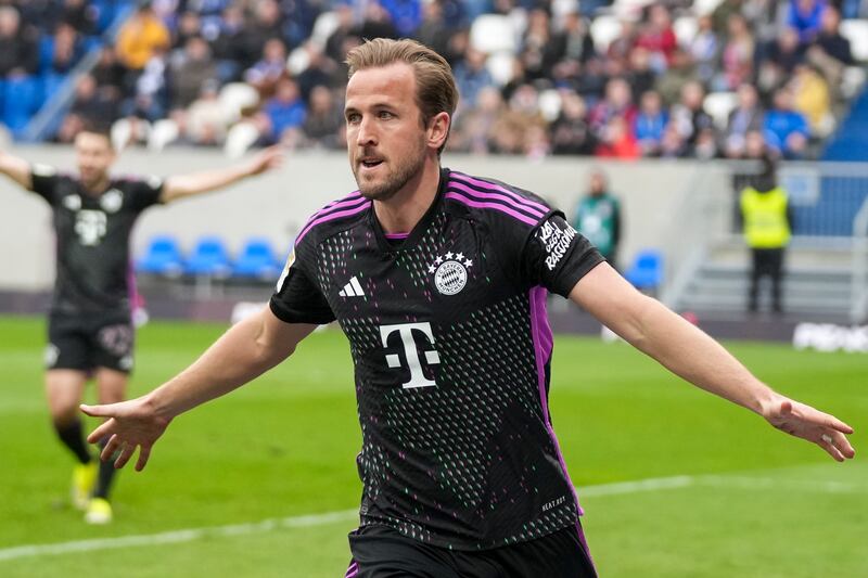 Bayern's Harry Kane celebrates after he scored his side's second goal against Darmstadt. AP
