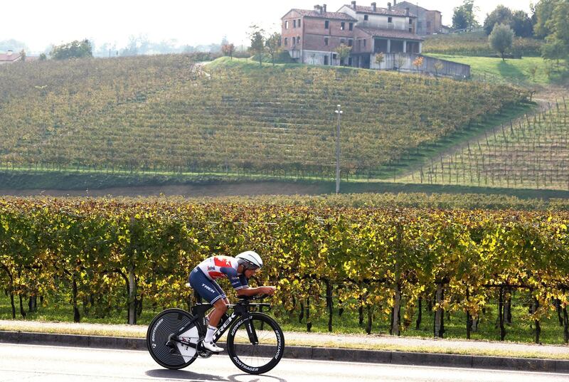 Team Trek rider Gianluca Brambilla rides during Stage 14 of the Giro d'Italia, a 34,1-kilometer individual time trial between Conegliano and Valdobbiadene, on Saturday, October 17. AFP