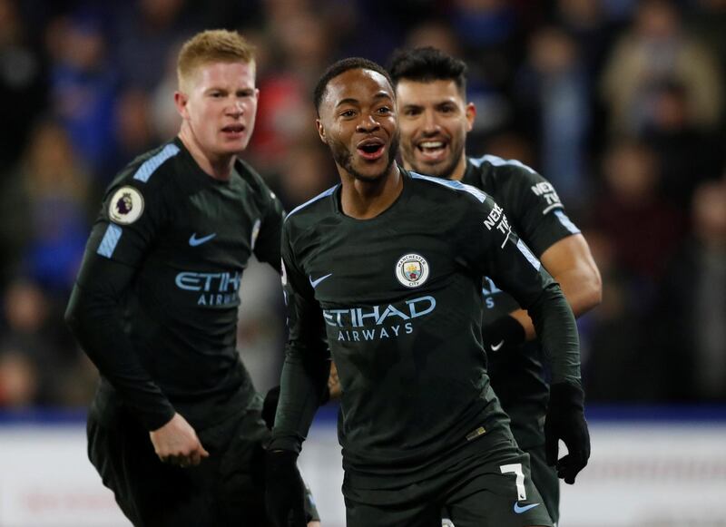 Soccer Football - Premier League - Huddersfield Town vs Manchester City - John Smith’s Stadium, Huddersfield, Britain - November 26, 2017   Manchester City's Raheem Sterling celebrates scoring their second goal with Kevin De Bruyne and Sergio Aguero    Action Images via Reuters/Carl Recine    EDITORIAL USE ONLY. No use with unauthorized audio, video, data, fixture lists, club/league logos or "live" services. Online in-match use limited to 75 images, no video emulation. No use in betting, games or single club/league/player publications. Please contact your account representative for further details.