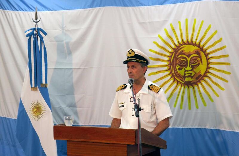 epa06352898 Argentinian Army's spokesperson Enrique Balbi delivers a press conference in Buenos Aires, Argentina, 26 November 2017. A ship with a US mini-submarine on board joined the search of the ARA San Juan, which was last heard from on 15 November 2017.  EPA/Javier Caamano