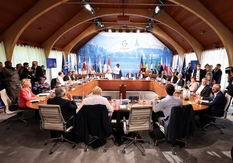 G7 leaders meet outreach guests at the summit. Reuters