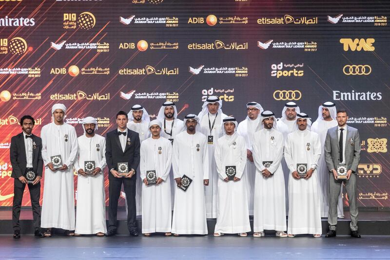 ABU DHABI, UNITED ARAB EMIRATES. 10 MAY 2018. Arabian Gulf League Awards 2018-2017 Season. Held at the Emirates Palace. The Dream Team. (Photo: Antonie Robertson/The National) Journalist: John McAuley. Section: Sport.