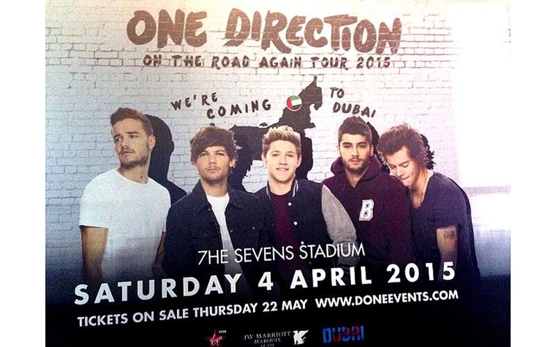 The promotional poster for One Direction coming to Dubai. Courtesy Done Events