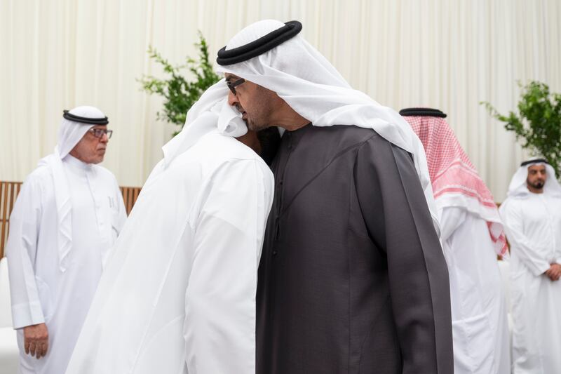 President Sheikh Mohamed greets Sheikh Khaled bin Sultan bin Zayed. Abdulla Al Bedwawi / UAE Presidential Court 