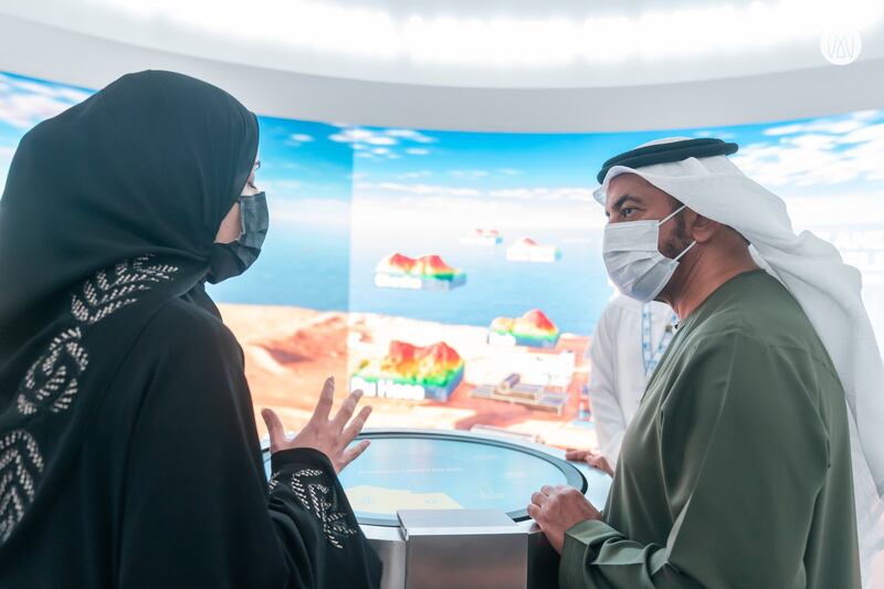 Sheikh Hamdan toured the pavilions and spoke to representatives of companies working in the sector. Photo: Abu Dhabi Media Office