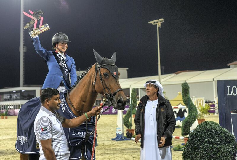 Abu Dhabi, United Arab Emirates - Alice Debany Clero, from United States wins first place at the CSIL 2-star competition by FBMA International Cup at Al Forsan Internal Sports Resort. Khushnum Bhandari for The National
