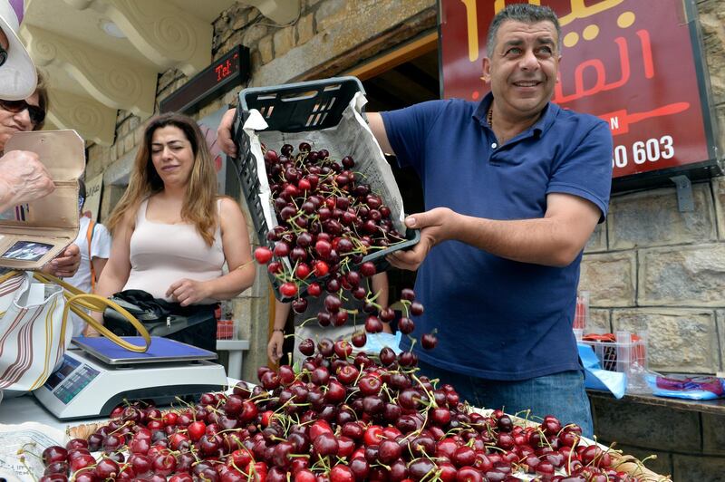 A vendor empties freshly picked fruit from a box during Cherry Day in the village of Hammana, southeast of Beirut, Lebanon.  EPA