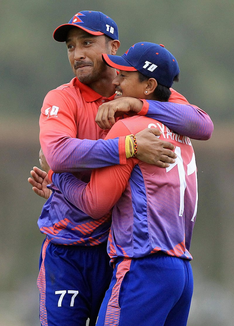 Dubai, February, 03,2019:  Paras Khadka Captain of Nepal Cricket team celebrates with his teamate Gyanendra celebrates during  the final T20 match at the ICC Global Academy in Dubai. Satish Kumar/ For the National / Story by Paul Radley