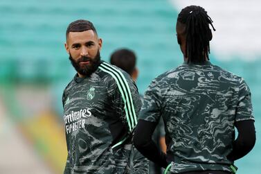 GLASGOW, SCOTLAND - SEPTEMBER 05: Karim Benzema of Real Madrid trains  ahead of their UEFA Champions League group F match against Celtic FC at Celtic Park on September 05, 2022 in Glasgow, Scotland. (Photo by Ian MacNicol / Getty Images)
