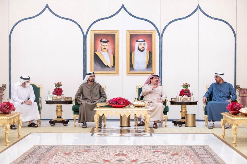 ABU DHABI, UNITED ARAB EMIRATES - February 20, 2021: HM King Hamad bin Isa Al Khalifa, King of Bahrain (2nd R) receives HH Sheikh Mohamed bin Zayed Al Nahyan, Crown Prince of Abu Dhabi and Deputy Supreme Commander of the UAE Armed Forces (R) and Sheikh Mohamed bin Rashid Al Maktoum, Vice-President, Prime Minister of the UAE, Ruler of Dubai and Minister of Defence (2nd L). Seen with HH Sheikh Hamdan bin Mohamed Al Maktoum, Crown Prince of Dubai (L).

( Rashed Al Mansoori / Ministry of Presidential Affairs )
---