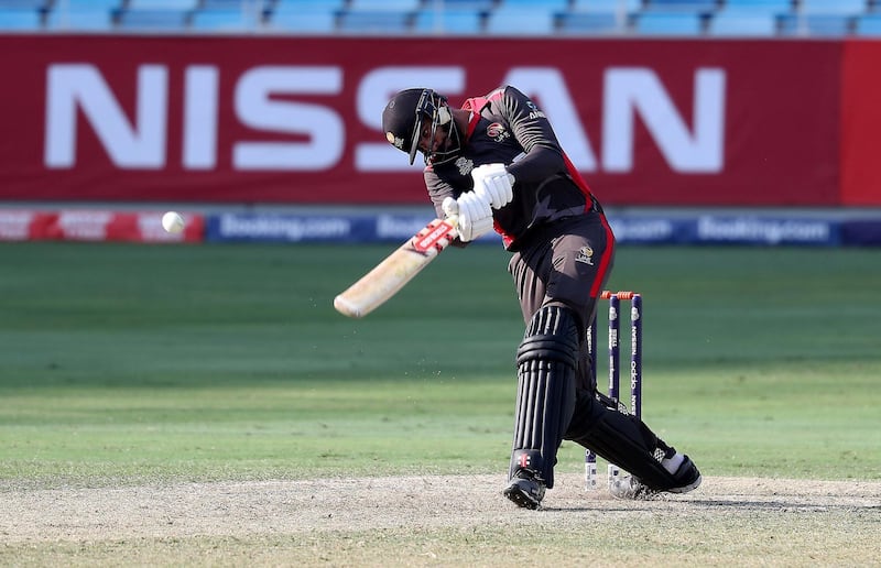 
DUBAI, UNITED ARAB EMIRATES , October 29  – 2019 :- Ahmed Raza of UAE playing a shot during the World Cup T20 Qualifier between UAE vs Netherlands held at Dubai International Cricket Stadium in Dubai.  ( Pawan Singh / The National )  For Sports. Story by Paul

