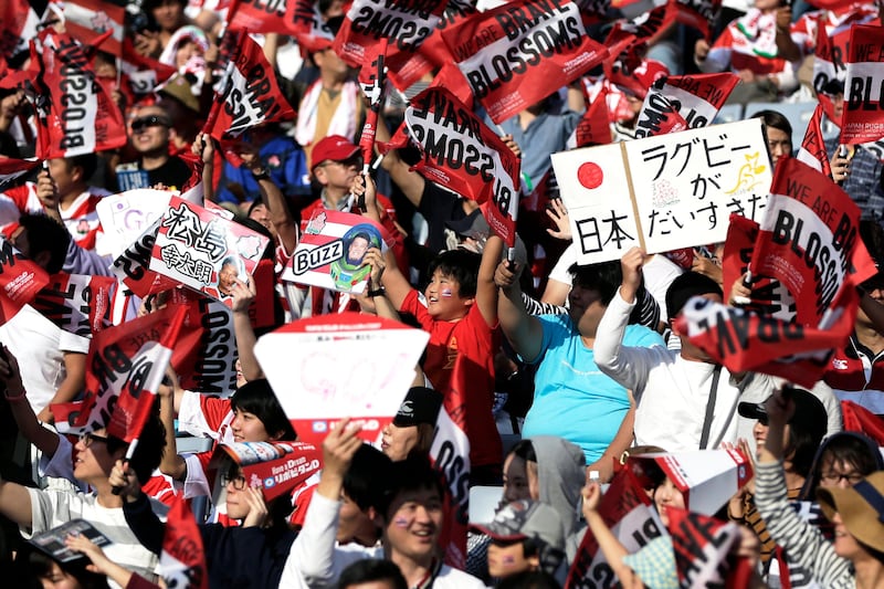 Japanese fans cheer prior to the rugby union test match between Japan and Australia at Nissan Stadium in Yokohama, south of Tokyo. Kiyoshi Ota /EPA