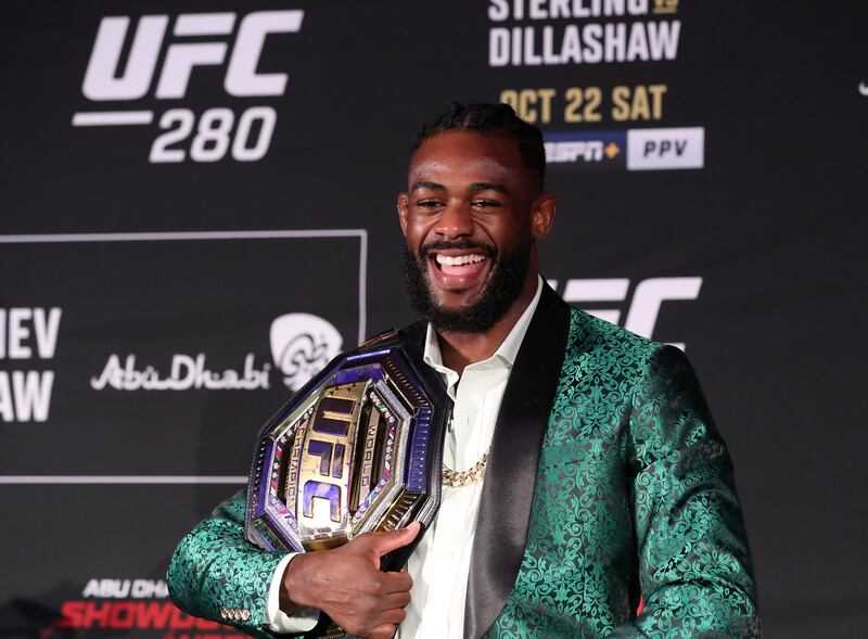 Bantamweight champion Aljamain Sterling after his victory over TJ Dillashaw at UFC 280 in Abu Dhabi. Chris Whiteoak / The National