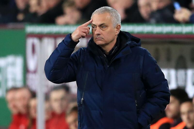 Tottenham Hotspur's Portuguese head coach Jose Mourinho gestures on the touchline during the English Premier League football match between Burnley and Tottenham at Turf Moor in Burnley, north west England on March 7, 2020. RESTRICTED TO EDITORIAL USE. No use with unauthorized audio, video, data, fixture lists, club/league logos or 'live' services. Online in-match use limited to 120 images. An additional 40 images may be used in extra time. No video emulation. Social media in-match use limited to 120 images. An additional 40 images may be used in extra time. No use in betting publications, games or single club/league/player publications.
 / AFP / Lindsey Parnaby / RESTRICTED TO EDITORIAL USE. No use with unauthorized audio, video, data, fixture lists, club/league logos or 'live' services. Online in-match use limited to 120 images. An additional 40 images may be used in extra time. No video emulation. Social media in-match use limited to 120 images. An additional 40 images may be used in extra time. No use in betting publications, games or single club/league/player publications.
