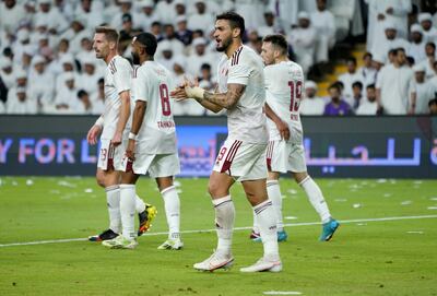 Joao Pedro celebrates after scoring in Al Wahda’s 3-2 win over Al Ain at the Hazza bin Zayed Stadium. Photo: PLC