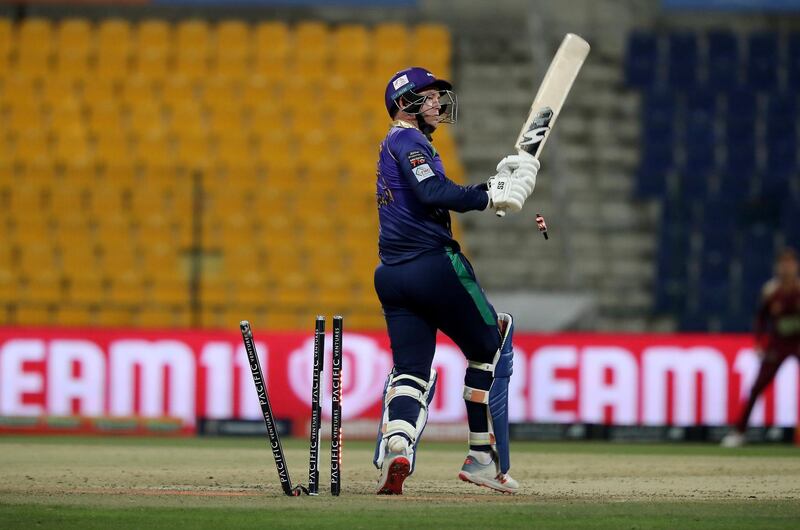 ABU DHABI , UNITED ARAB EMIRATES , Nov 20 – 2019 :- Colin Ingram of Bangla Tigers bowled out by  Junaid Siddique of Northern Warriors during the Abu Dhabi T10 Cricket match between Bangla Tigers vs Northern Warriors at Sheikh Zayed Cricket Stadium in Abu Dhabi. ( Pawan Singh / The National )  For Sports. Story by Paul