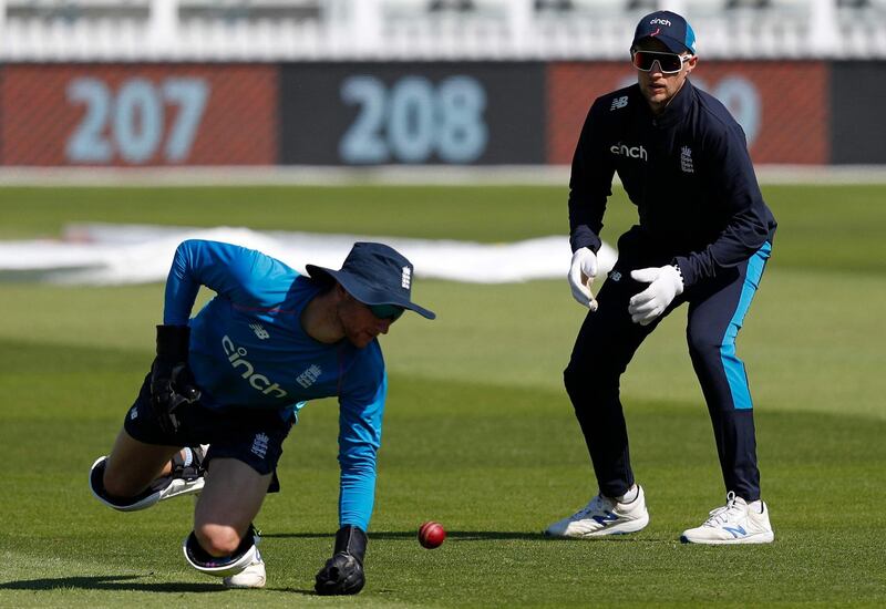 England's James Bracey, left, and Joe Root attend a training session at Lord's Cricket Ground ahead of the first Test against New Zealand. AFP