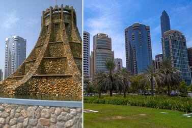 Abu Dhabi's Volcano fountain in 1991, left, and close to the spot where attraction once stood in May, 2021. Barry Iverson / Life Images via Getty Images; and Victor Besa / The National